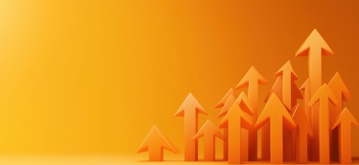 Poster - Upward Arrows Representing Growth and Success on Vibrant Orange Background, copy space for text