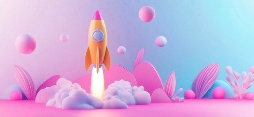 Poster - Colorful rocket launch in pastel landscape with clouds and abstract shapes, featuring pink and orange tones, creating a whimsical and playful atmosphere, copy space for text