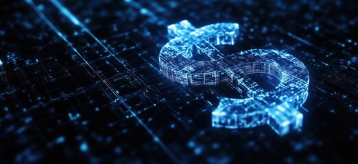 Poster - Digital dollar sign symbolizing cryptocurrency and blockchain technology in a futuristic blue grid environment, copy space for text