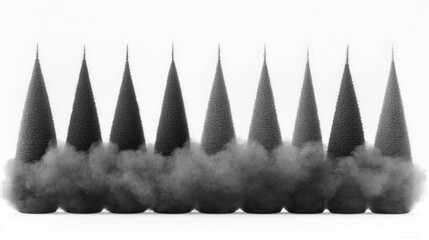 Poster - Row of dark conical shapes emerging from smoke or cloud.
