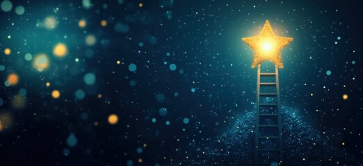 Poster - Ladder Reaching Star Glittering Brightly Against Dark Background, Symbolizing Aspiration and Achievement, copy space for text