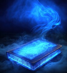Poster - Mystical glowing book with ethereal blue flames and smoke, symbolizing knowledge and magic, copy space for text