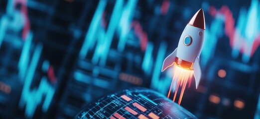 Poster - Rocket Launching into Space Above Digital Globe with Stock Market Graphs and Data Visualizations, copy space for text