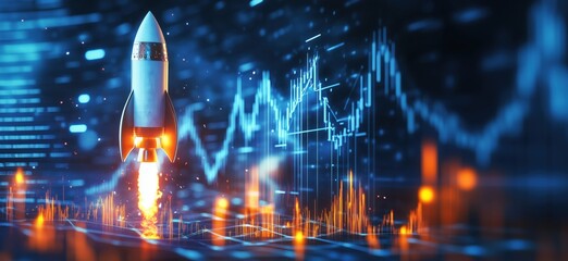 Poster - Rocket Launching Amidst Digital Data Visualization and Financial Graphs, Symbolizing Innovation and Growth, copy space for text