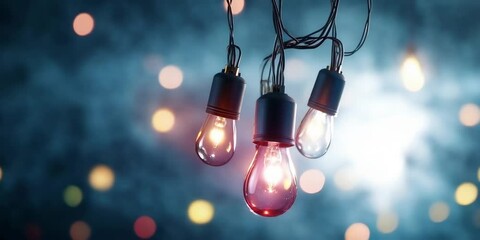 Wall Mural - Glowing light bulbs hanging on wire with colorful bokeh background. Holiday and celebration content