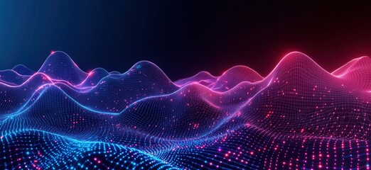 Poster - Digital landscape with glowing waves and vibrant colors, showcasing a futuristic 3D mesh design with neon blue and pink lights, copy space for text