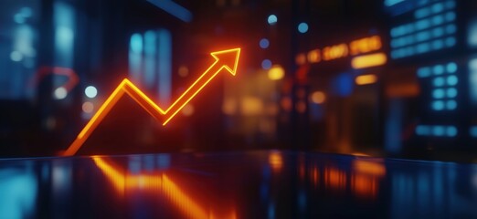 Poster - Upward Trend Graph with Neon Arrow in Futuristic Cityscape Background, Symbolizing Growth and Success, copy space for text