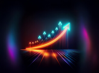 Wall Mural - neon arrows ascend a glowing curve on a dark reflective surface, symbolizing growth and progress. th