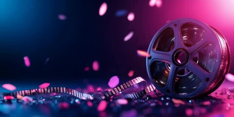 Wall Mural - Film reel with pink and blue neon lights on dark surface. Cinema and entertainment content
