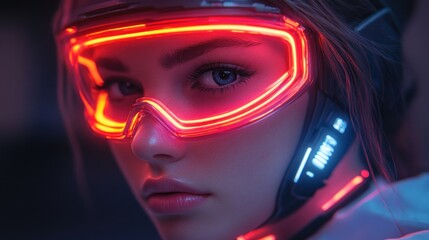 Poster - A close-up of a person wearing futuristic neon goggles, showcasing a tech-inspired aesthetic.