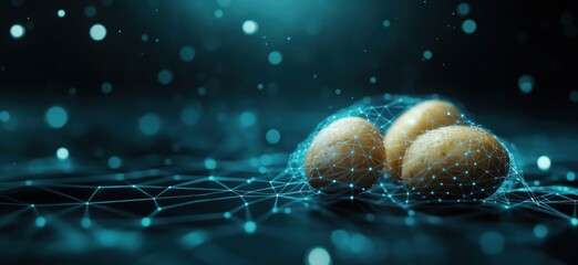 Poster - Digital representation of eggs encapsulated in a network of interconnected nodes, showcasing technology and organic forms, with a futuristic blue background, copy space for text