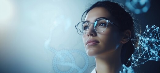 Poster - Contemplative woman with glasses gazing into future, surrounded by abstract molecular structures and digital elements, representing science and innovation, copy space for text