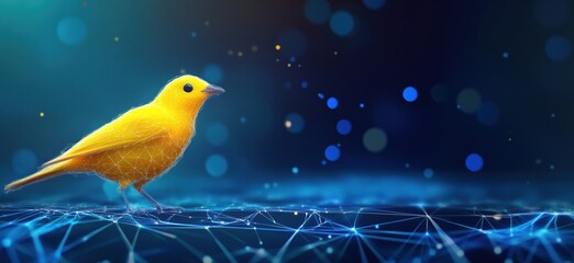 Poster - Yellow bird with geometric lines and digital background, showcasing a blend of nature and technology, vibrant colors and abstract design elements, copy space for text
