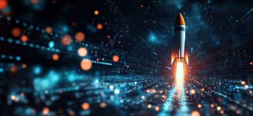 Poster - Rocket Launching into Space with Digital Effects and Light Trails, Futuristic Background, High-Tech Concept, copy space for text