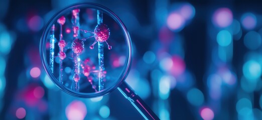 Poster - Magnified view of molecular structures reflecting vibrant colors, showcasing intricate details of atoms and molecules in a scientific context, copy space for text