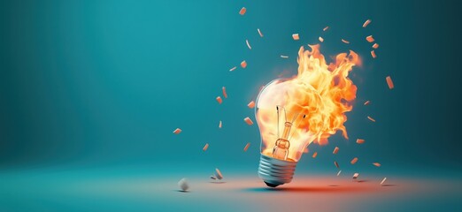 Poster - Burning light bulb with flames and sparks, symbolizing creativity and innovation, against a blue background, copy space for text