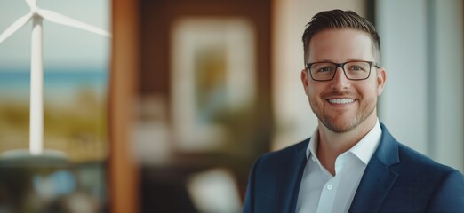 Poster - Professional man smiling in modern office with wind turbine view, showcasing confidence and success, copy space for text