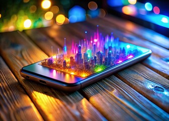 Wall Mural - Futuristic Smartphone Hologram: Neon Glow on Table, Tilt-Shift Miniature Effect