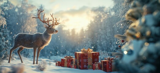 Wall Mural - Reindeer in Winter Wonderland Surrounded by Christmas Gifts and Snowy Landscape, copy space for text