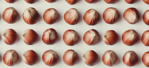 Poster - Red onions arranged in a grid pattern showcasing their smooth, shiny skins and distinct white tips, emphasizing their vibrant color and texture, copy space for text