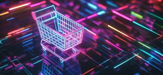 Poster - Neon Shopping Cart on Futuristic Digital Background with Colorful Light Trails, copy space for text