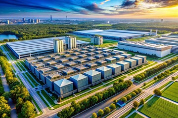 Poster - Aerial View of Modern Data Center Campus, Server Racks, and Network Infrastructure
