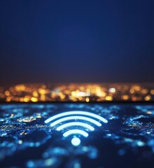 Poster - Wi-Fi signal icon glowing over cityscape at night, illuminated urban landscape with bokeh lights, digital connectivity concept, copy space for text