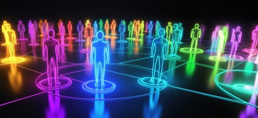 Poster - Neon silhouettes representing diverse individuals in a vibrant digital network, interconnected through glowing circles and lines, symbolizing community and collaboration, copy space for text