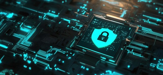 Poster - cybersecurity shield icon on circuit board background, digital lock symbolizing data protection and 