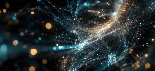 Poster - Abstract digital art depicting luminous particles and flowing lines in a cosmic space, showcasing vibrant blue and golden hues, creating a sense of depth and movement, copy space for text
