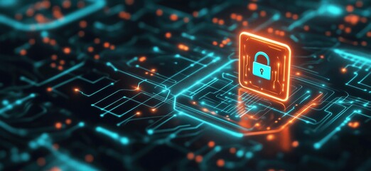 Poster - digital security lock symbolizing cybersecurity protection on a futuristic circuit board background 