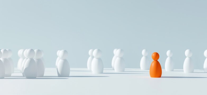 Unique orange figure standing out among white figures in minimalist setting, symbolizing individuality and distinction, copy space for text