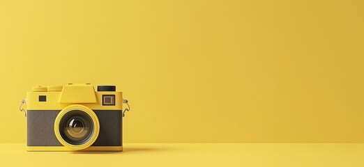 Poster - Yellow camera on yellow background, vintage design, minimalist aesthetic, photography equipment, creative concept, vibrant color scheme, copy space for text