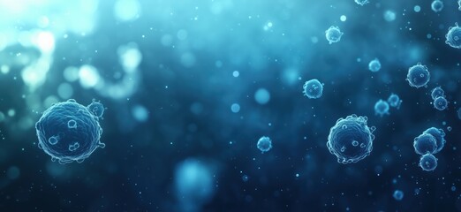 Poster - Microscopic view of cells in blue background, showcasing biological structures and cellular activity, copy space for text