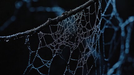 Aufkleber - A close-up of a spider web adorned with dew droplets, illuminated in a dark setting.
