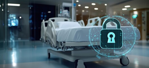 Poster - healthcare security concept with digital lock overlay on hospital bed in modern medical facility, co