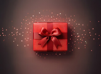 Canvas Print - A red gift box with a satin ribbon bow sits on a dark background, surrounded by sparkling lights.  It evokes feelings of celebration and joy.