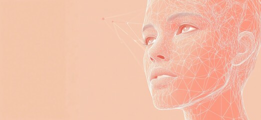 Poster - 3D Wireframe Model of Human Face with Geometric Lines and Soft Coral Background, copy space for text