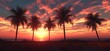 © k_viktar - Stunning sunset over tranquil beach with silhouetted palm trees and vibrant sky colors, copy space for text