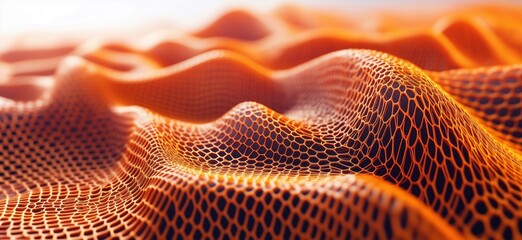 Poster - Abstract orange mesh texture with flowing waves and intricate patterns, showcasing depth and dimensionality, copy space for text
