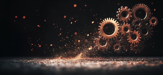 Poster - Copper gears floating above a dark surface with sparkling dust particles, showcasing industrial design and mechanical engineering aesthetics, copy space for text