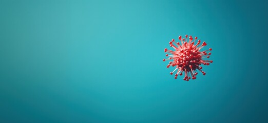 Poster - Virus illustration depicting COVID-19 structure with red spikes against blue background, symbolizing global pandemic impact and health crisis, copy space for text