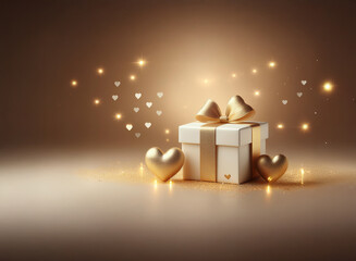 Poster - A romantic, elegant gift box sits on a soft, golden surface, surrounded by sparkling hearts and lights.  Perfect for Valentine's Day or any special occasion.