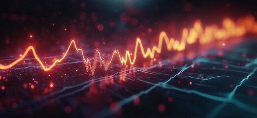 Poster - Dynamic digital waveform visualization with glowing orange and blue lines representing data signals and electronic circuits, copy space for text