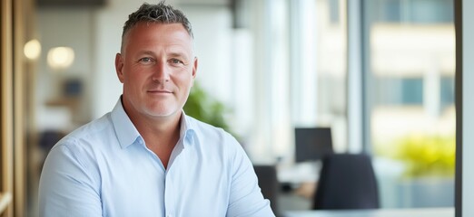 Poster - Confident businessman portrait in modern office environment, showcasing professionalism and approachability, with natural light and contemporary decor, copy space for text