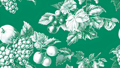 Green Botanical Illustration: Fruits and Flowers