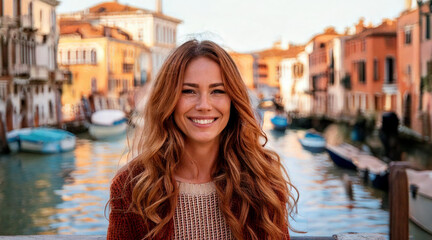 Wall Mural - smiling girl with Venetian canals softly reflected in the background