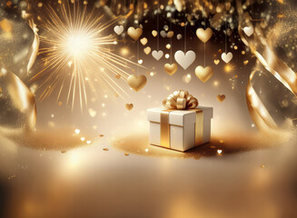 Canvas Print - A magical, golden gift box sits amidst floating hearts and sparkling lights, radiating joy and celebration.  A perfect image for love, gifting or special occasions.