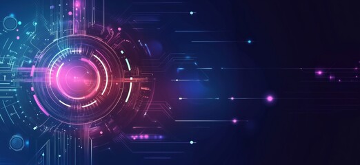 Poster - Futuristic digital abstract background with glowing circular patterns and lines, vibrant colors, technology concept, data visualization, copy space for text