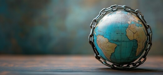 Poster - Globe Enclosed in Chain Symbolizing Global Issues and Restrictions, Earth Map with Detailed Continents, Concept of Environmental Protection and Freedom, copy space for text